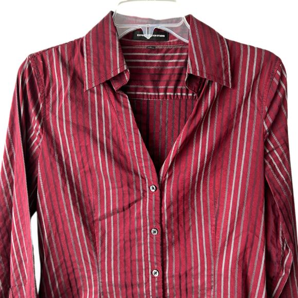 Express Design Studio Button Down Red Striped Cotton Blend V-Neck Shirt Sz M - Picture 2 of 8